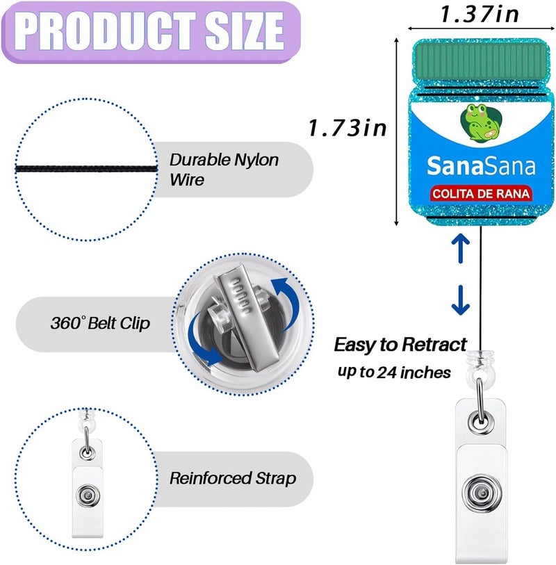 Bydevia Sana Sana Colita De Rana Badge Holder Retractable, Funny Sana Sana Badge Reel for Nurse Nursing RN MA LPN CNA Doctor & Medical Worker, Glitter Badge Holder with Alligator Clip & 24” Durable Nylon Cord - Image 2